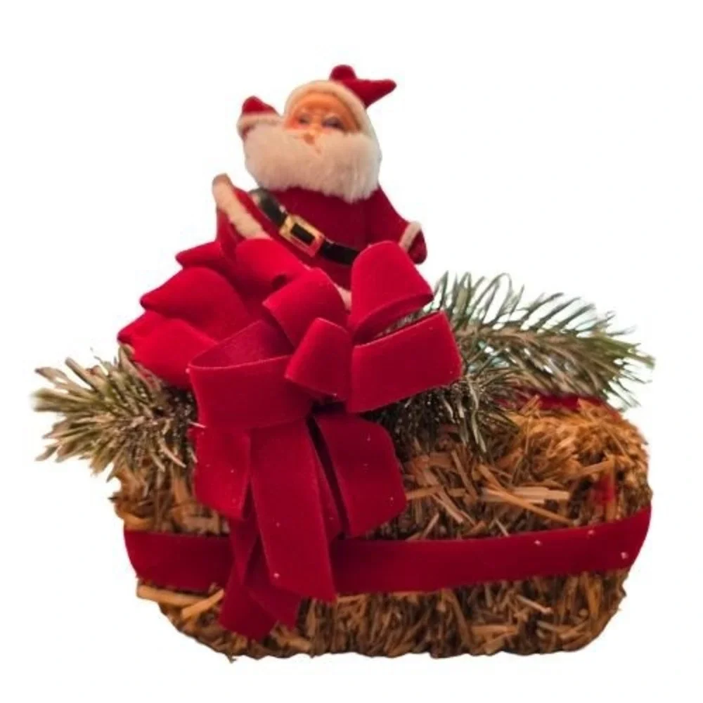Vintage Flocked Santa Claus on Straw Hay Bale Christmas Centerpiece Red Velvet
